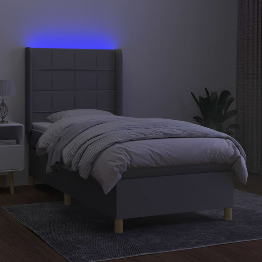 Boxspring Met Matras En Led Stof Lichtgrijs 90 x 190 cm Blok met vierkanten