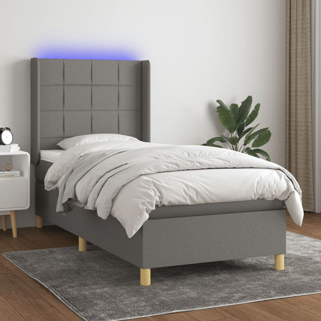 Boxspring Met Matras En Led Stof Donkergrijs 90 x 190 cm Blok met vierkanten