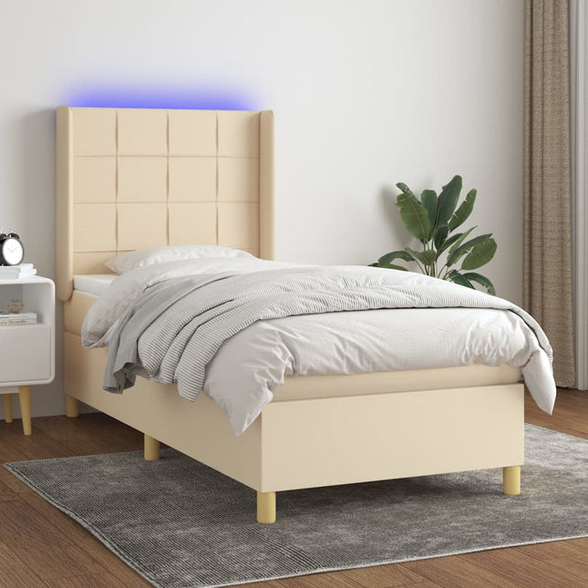 Boxspring met matras en LED stof crèmekleurig 90x190 cm 90 x 190 cm Blok met vierkanten