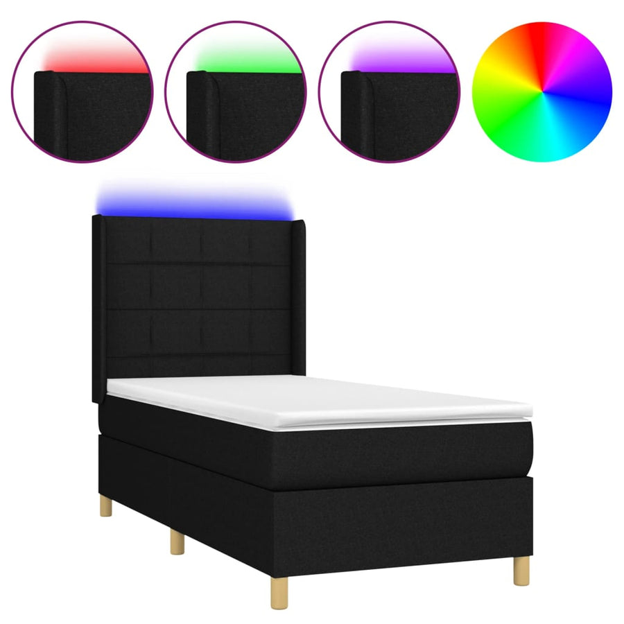 Boxspring Met Matras En Led Stof Zwart 90 x 200 cm Blok met vierkanten