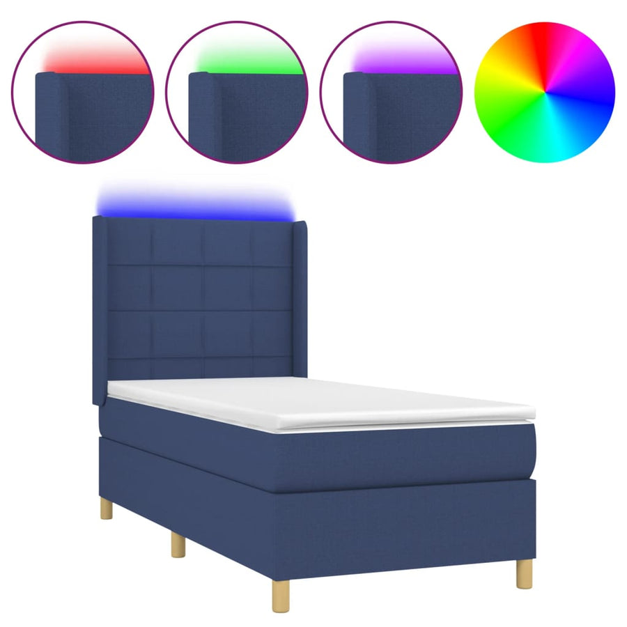 Boxspring Met Matras En Led Stof Blauw 90 x 200 cm Blok met vierkanten