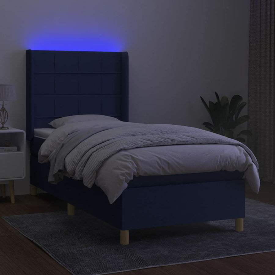 Boxspring Met Matras En Led Stof Blauw 90 x 200 cm Blok met vierkanten