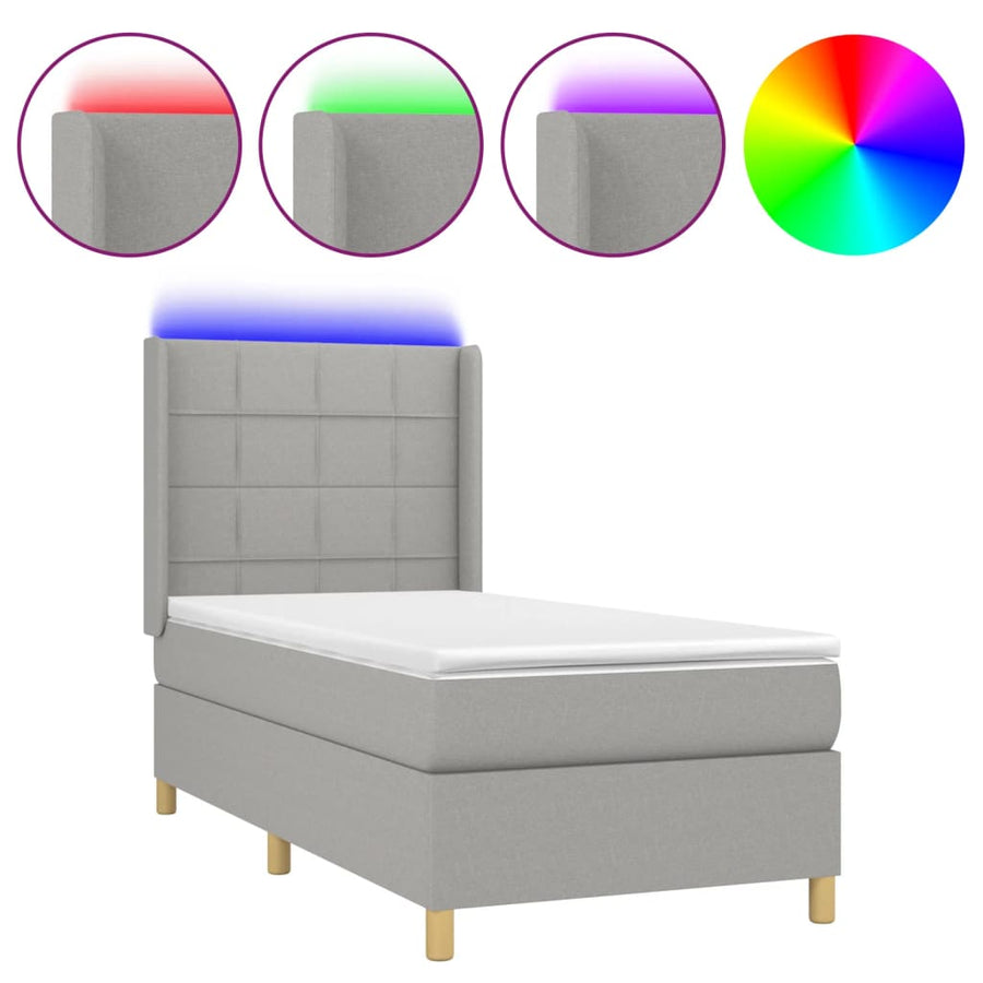 Boxspring Met Matras En Led Stof Lichtgrijs 100 x 200 cm Blok met vierkanten