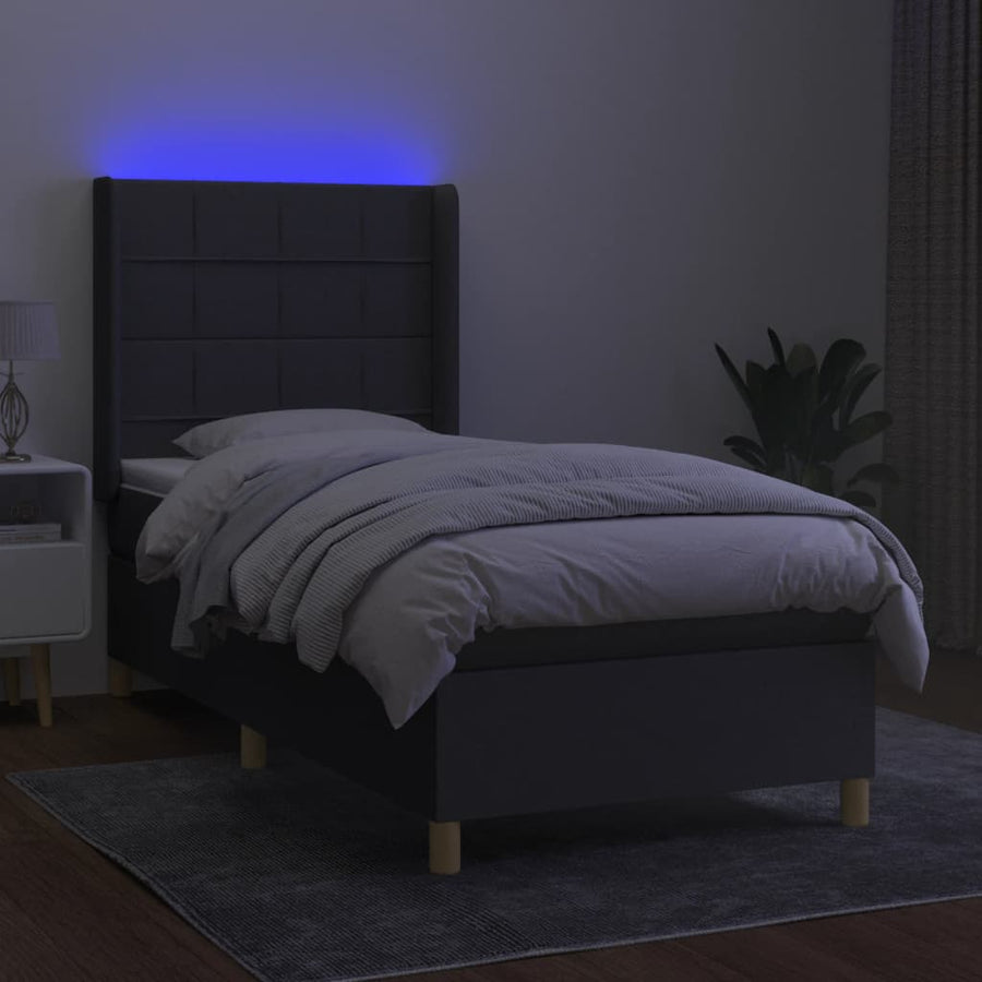 Boxspring Met Matras En Led Stof Donkergrijs 100 x 200 cm Blok met vierkanten