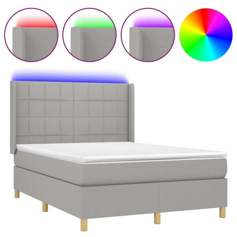 Boxspring Met Matras En Led Stof Lichtgrijs 140 x 190 cm Blok met vierkanten