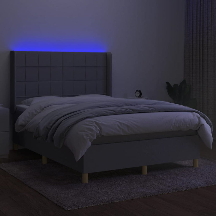 Boxspring Met Matras En Led Stof Lichtgrijs 140 x 190 cm Blok met vierkanten