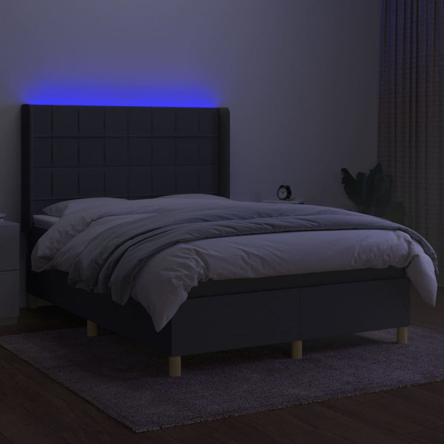 Boxspring Met Matras En Led Stof Donkergrijs 140 x 190 cm Blok met vierkanten