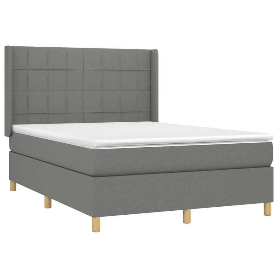 Boxspring Met Matras En Led Stof Donkergrijs 140 x 190 cm Blok met vierkanten