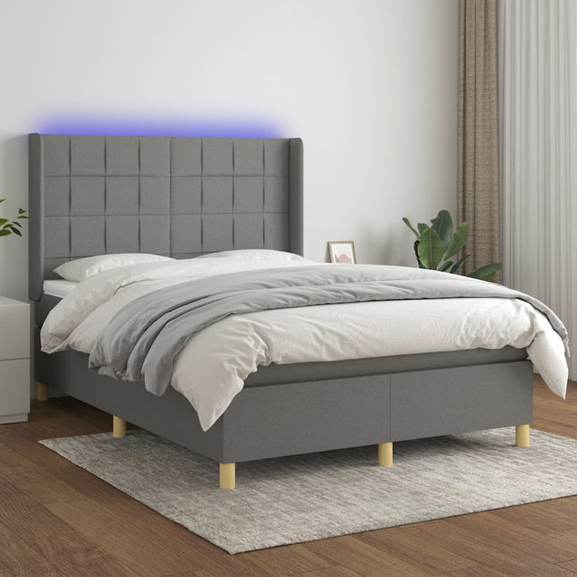 Boxspring Met Matras En Led Stof Donkergrijs 140 x 190 cm Blok met vierkanten