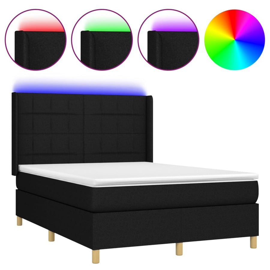 Boxspring Met Matras En Led Stof Zwart 140 x 190 cm Blok met vierkanten