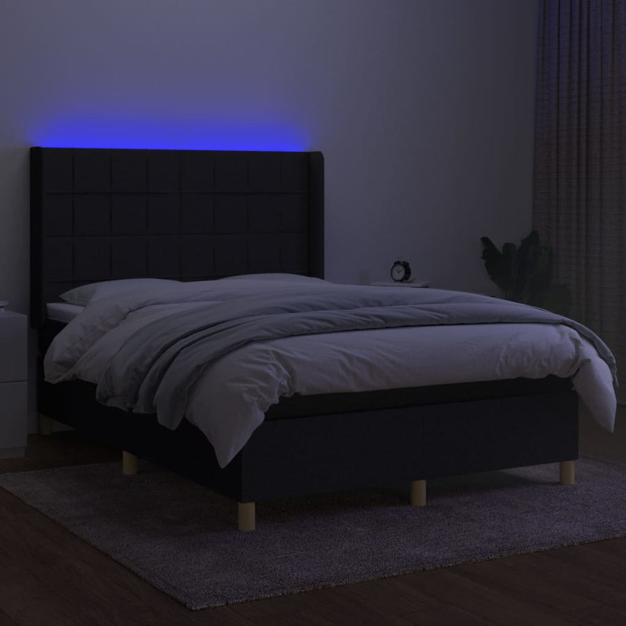 Boxspring Met Matras En Led Stof Zwart 140 x 190 cm Blok met vierkanten