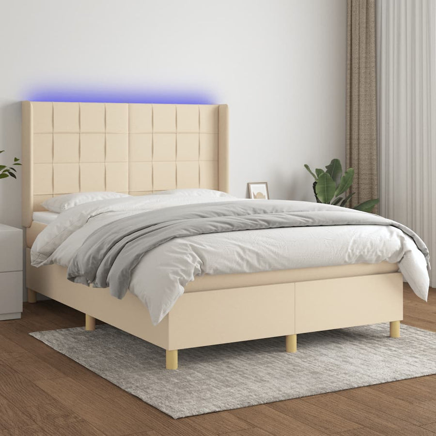 Boxspring met matras en LED stof crèmekleurig 140x190 cm 140 x 190 cm Blok met vierkanten