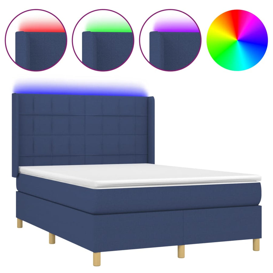 Boxspring Met Matras En Led Stof Blauw 140 x 190 cm Blok met vierkanten