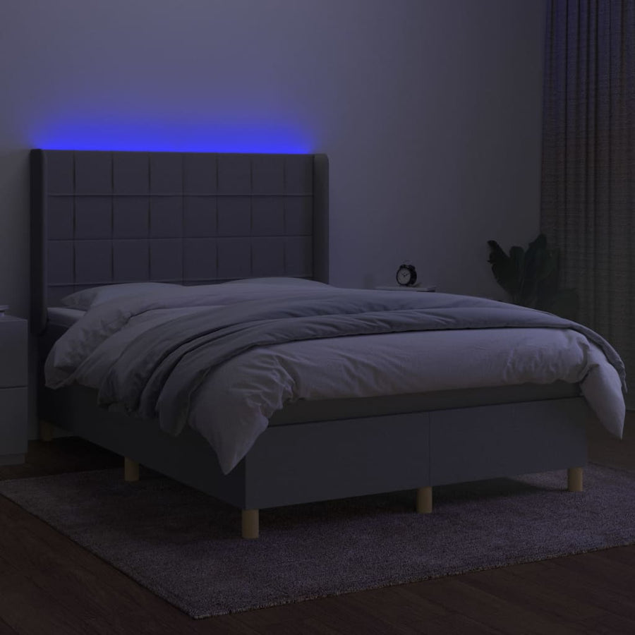 Boxspring Met Matras En Led Stof Lichtgrijs 140 x 200 cm Blok met vierkanten