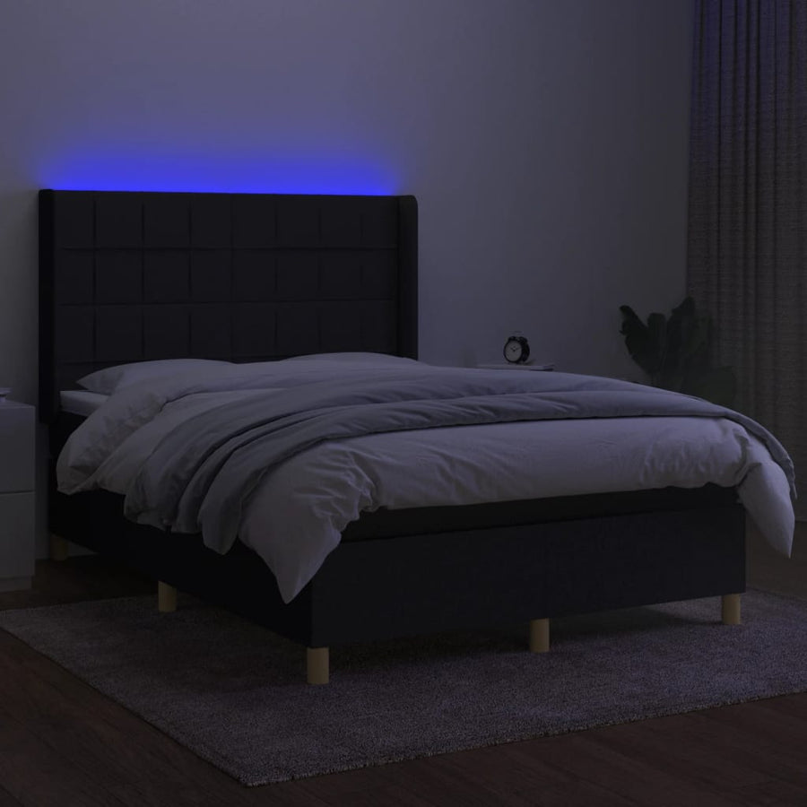 Boxspring Met Matras En Led Stof Zwart 140 x 200 cm Blok met vierkanten
