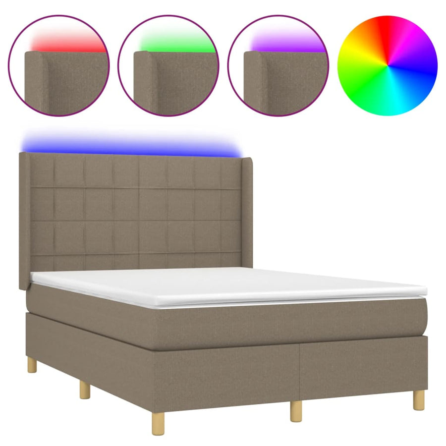 Boxspring met matras en LED stof taupe 140x200 cm 140 x 200 cm Blok met vierkanten