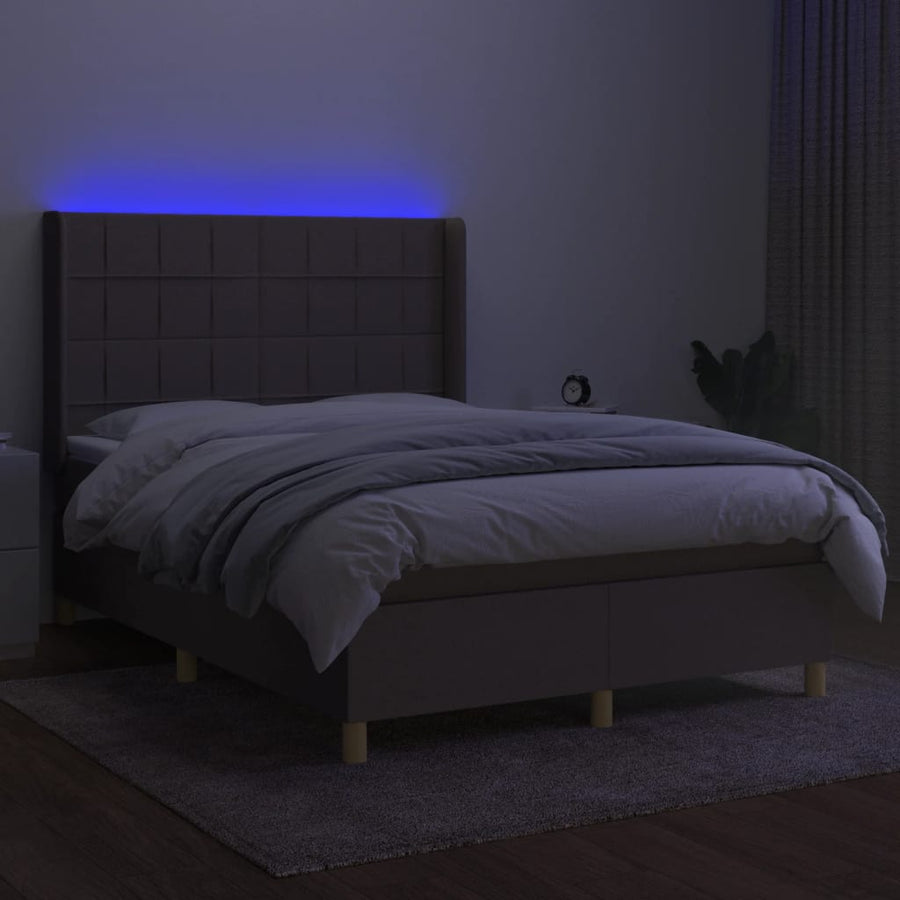 Boxspring met matras en LED stof taupe 140x200 cm 140 x 200 cm Blok met vierkanten