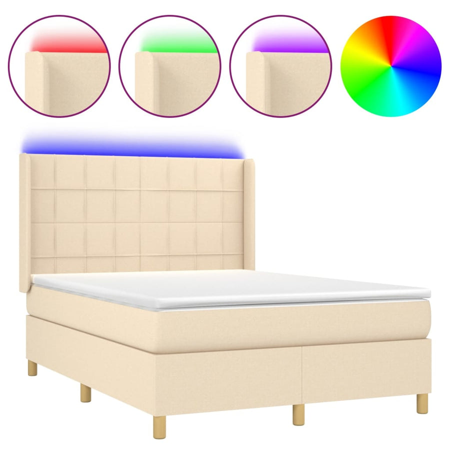 Boxspring met matras en LED stof crèmekleurig 140x200 cm 140 x 200 cm Blok met vierkanten