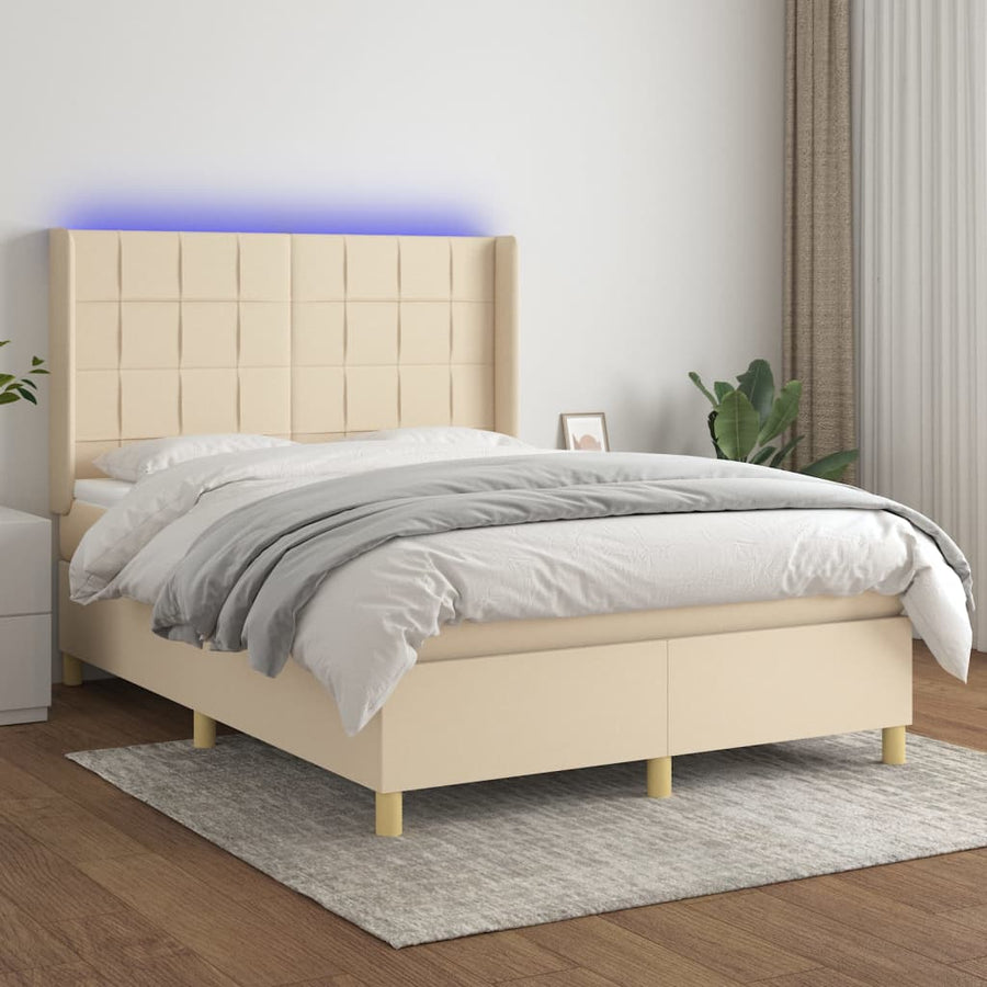 Boxspring met matras en LED stof crèmekleurig 140x200 cm 140 x 200 cm Blok met vierkanten