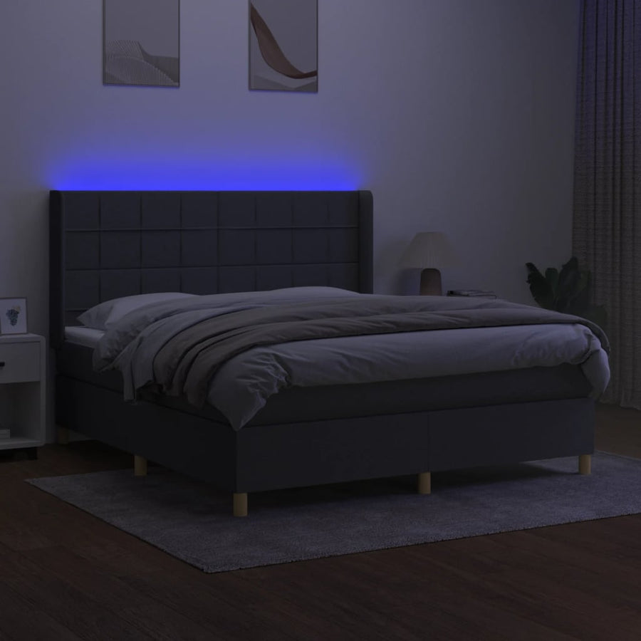 Boxspring Met Matras En Led Stof Donkergrijs 160 x 200 cm Blok met vierkanten