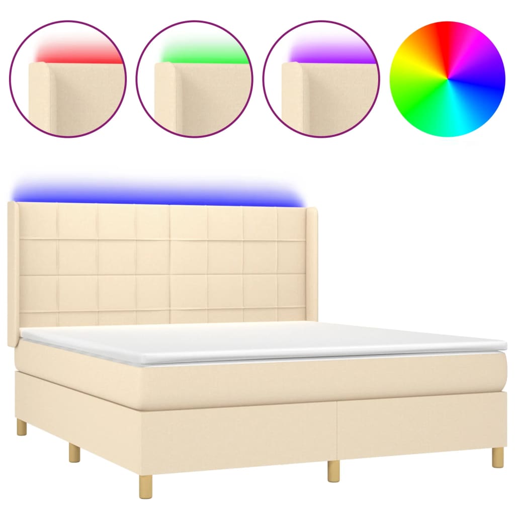 Boxspring Met Matras En Led Stof Kleurig Crème 160 x 200 cm Blok met vierkanten