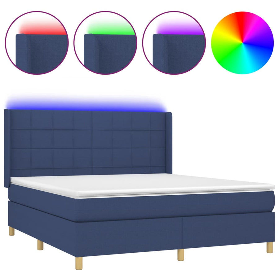 Boxspring Met Matras En Led Stof Blauw 160 x 200 cm Blok met vierkanten