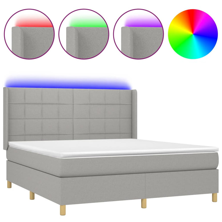Boxspring Met Matras En Led Stof Lichtgrijs 180 x 200 cm Blok met vierkanten