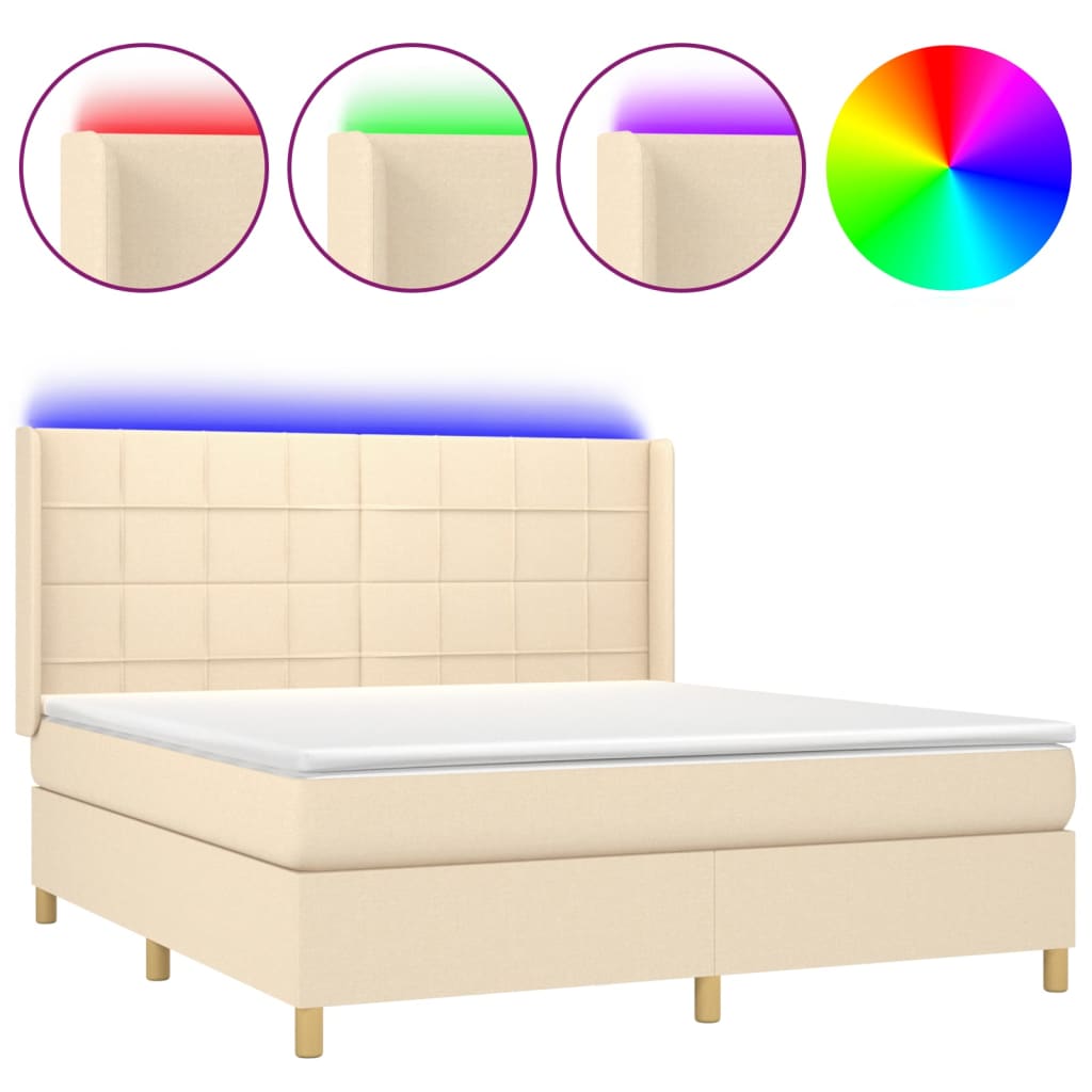 Boxspring Met Matras En Led Stof Crèmekleurig 180X200 Cm 180 x 200 cm Blok met vierkanten