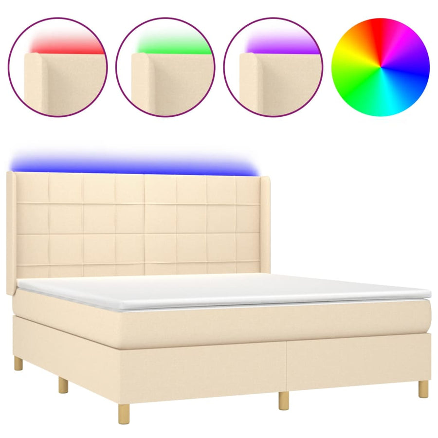 Boxspring Met Matras En Led Stof Crèmekleurig 180X200 Cm 180 x 200 cm Blok met vierkanten