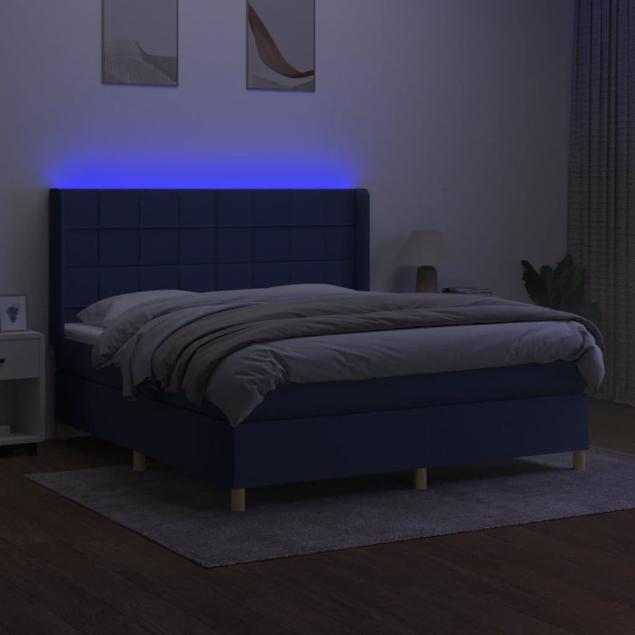Boxspring Met Matras En Led Stof Blauw 180 x 200 cm Blok met vierkanten