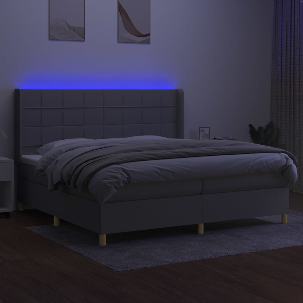 Boxspring Met Matras En Led Stof Lichtgrijs 200 x 200 cm Blok met vierkanten