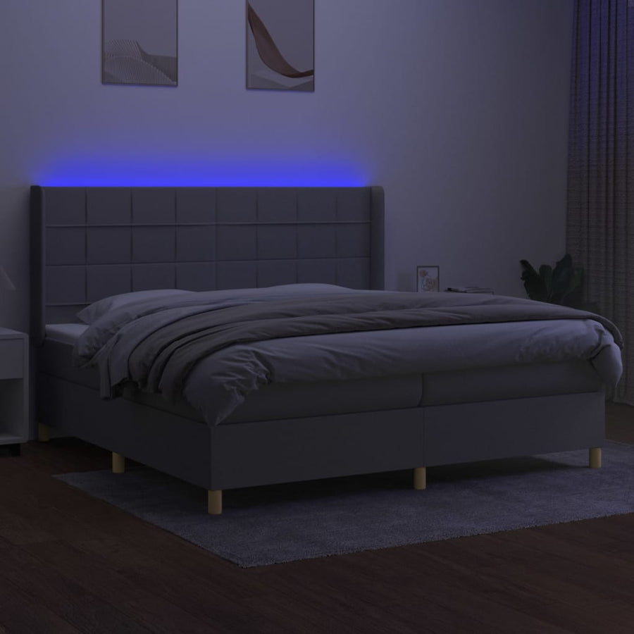 Boxspring Met Matras En Led Stof Lichtgrijs 200 x 200 cm Blok met vierkanten