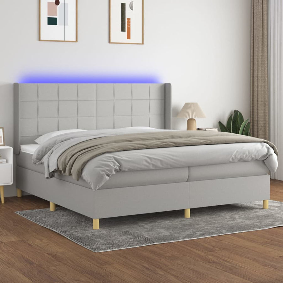 Boxspring Met Matras En Led Stof Lichtgrijs 200 x 200 cm Blok met vierkanten