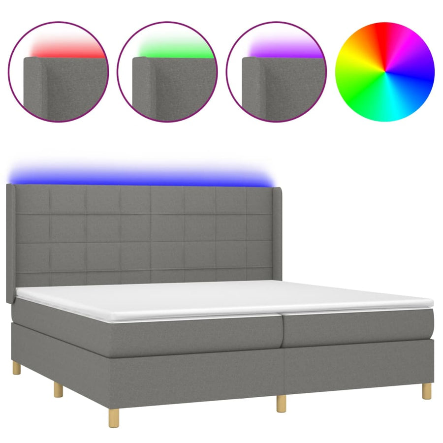 Boxspring Met Matras En Led Stof Donkergrijs 200 x 200 cm Blok met vierkanten