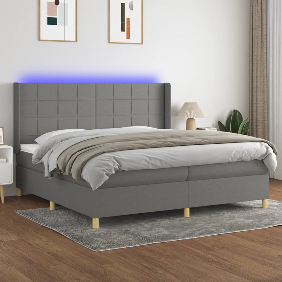 Boxspring Met Matras En Led Stof Donkergrijs 200 x 200 cm Blok met vierkanten