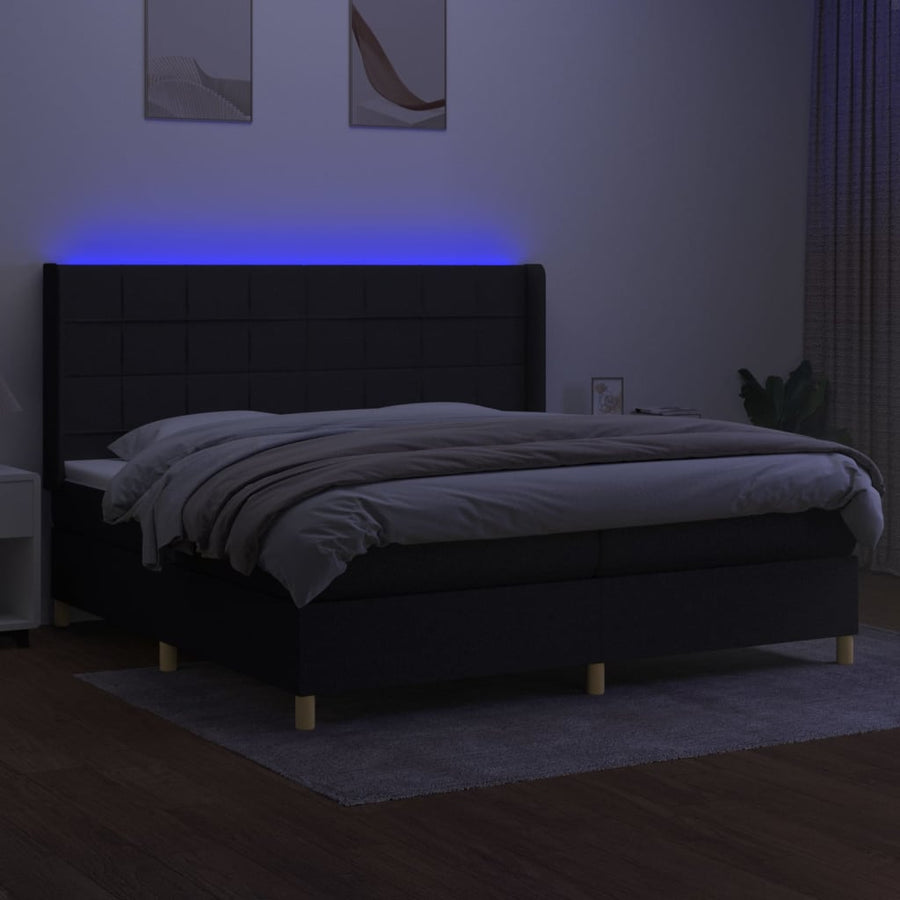 Boxspring Met Matras En Led Stof Zwart 200 x 200 cm Blok met vierkanten