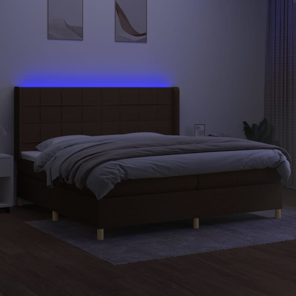 Boxspring Met Matras En Led Stof Donkerbruin 200 x 200 cm Blok met vierkanten