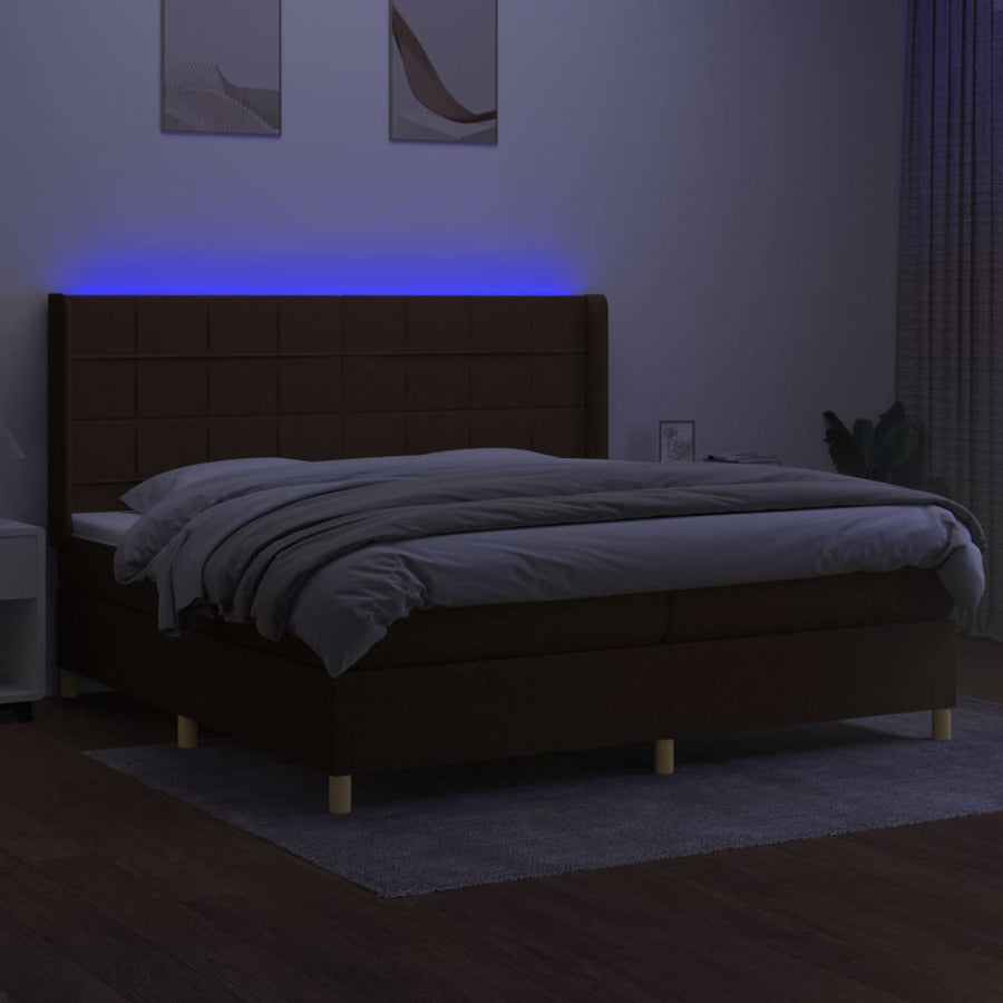 Boxspring Met Matras En Led Stof Donkerbruin 200 x 200 cm Blok met vierkanten