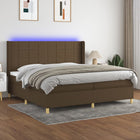 Box spring with mattress and dark brown LED fabric 200x200 cm