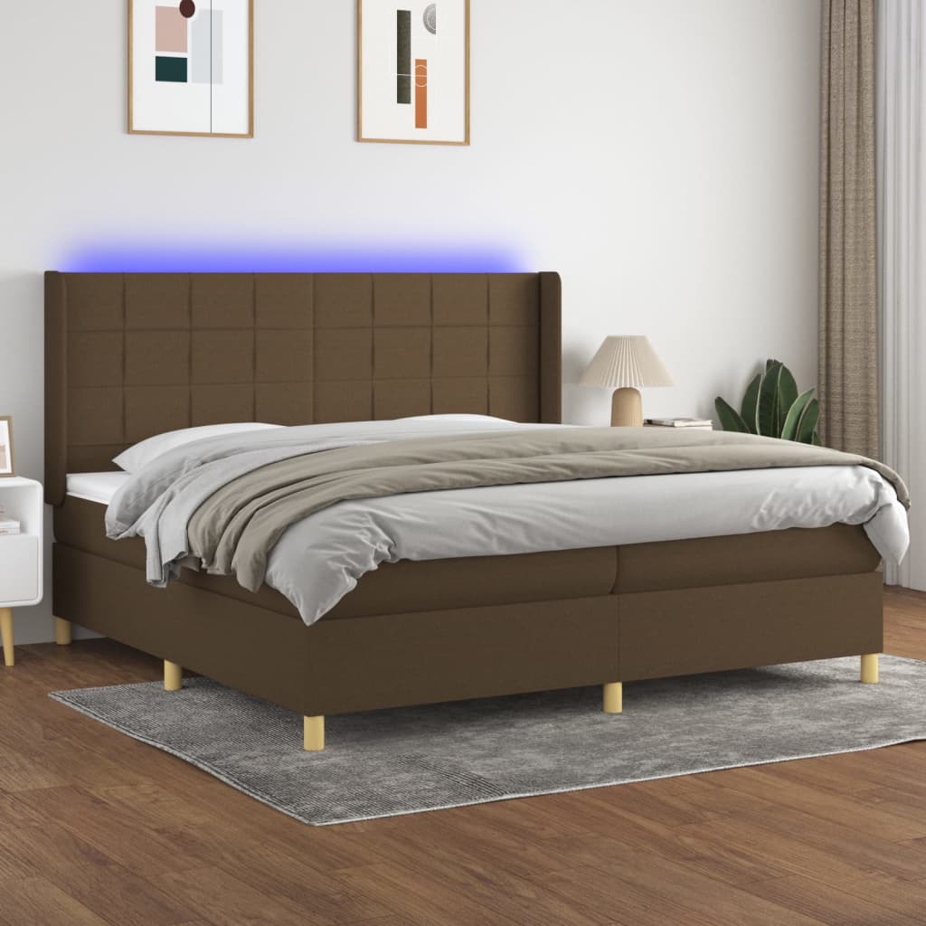 Boxspring Met Matras En Led Stof Donkerbruin 200 x 200 cm Blok met vierkanten