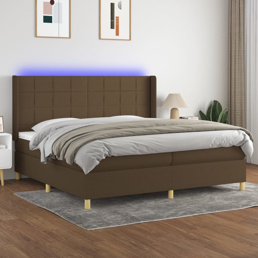 Boxspring Met Matras En Led Stof Donkerbruin 200 x 200 cm Blok met vierkanten