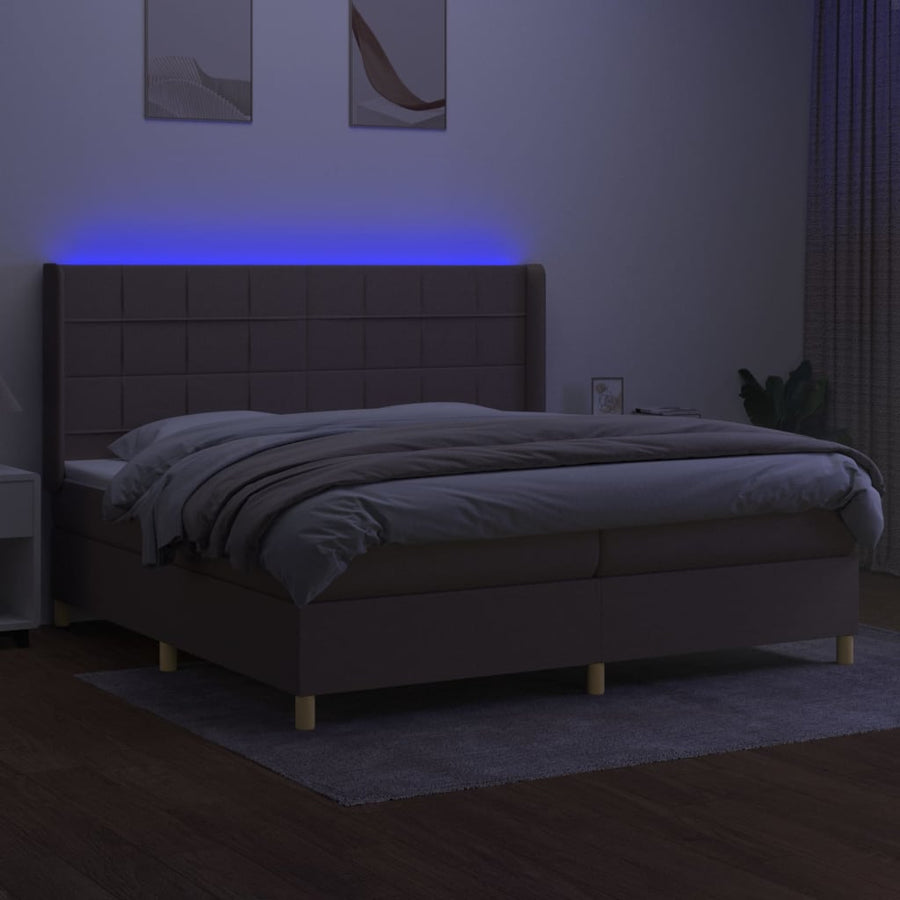 Boxspring Met Matras En Led Stof Taupe 200 x 200 cm Blok met vierkanten
