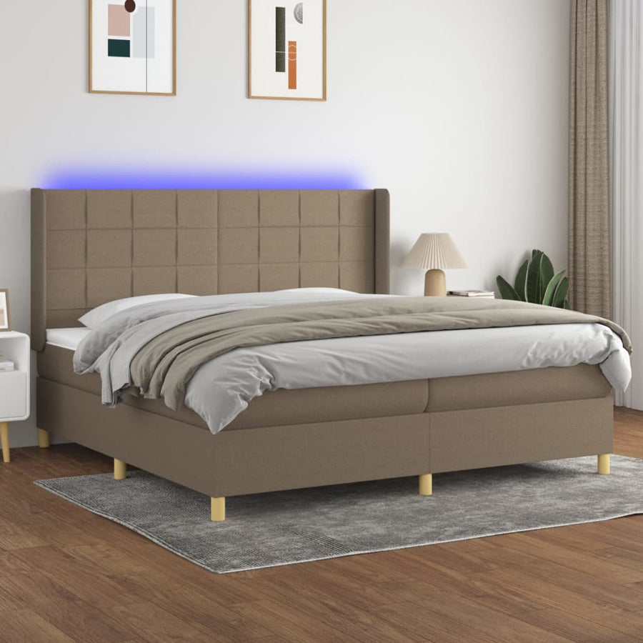 Boxspring Met Matras En Led Stof Taupe 200 x 200 cm Blok met vierkanten