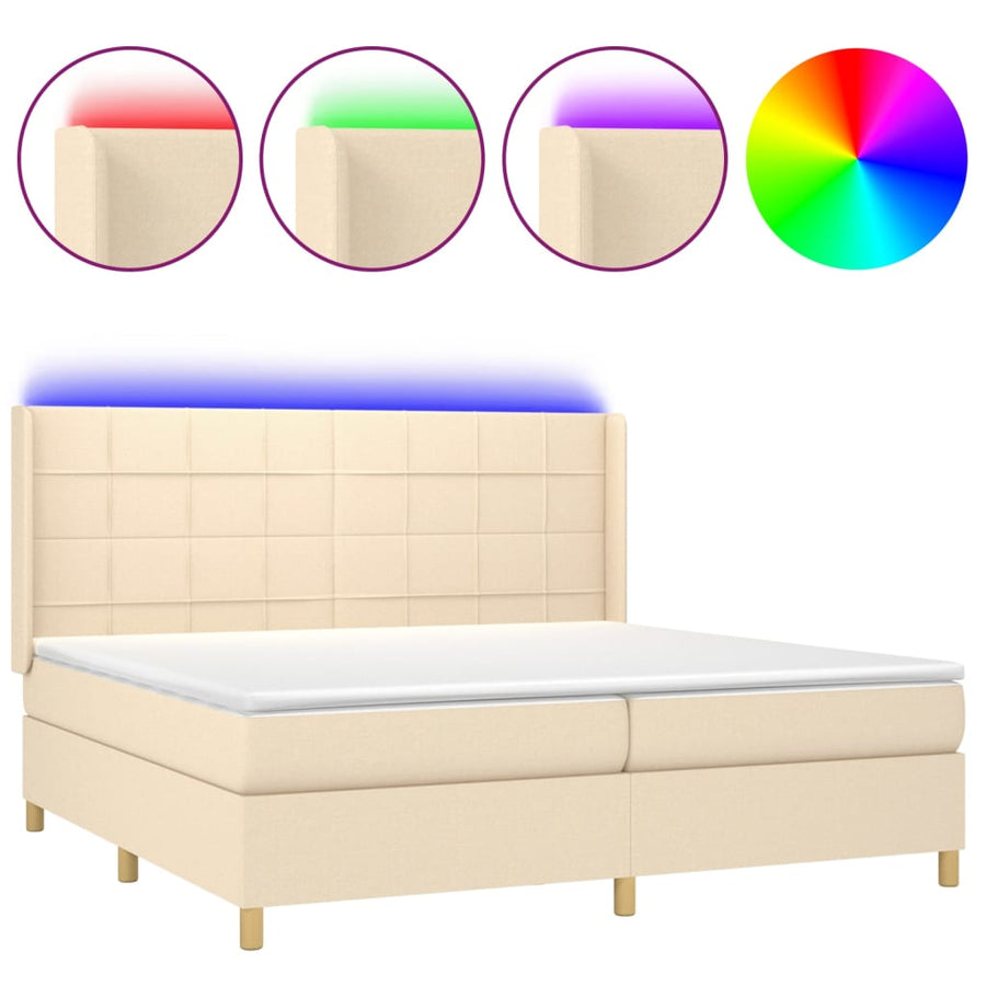 Boxspring met matras en LED stof crèmekleurig 200x200 cm 200 x 200 cm Blok met vierkanten