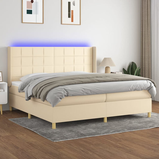 Boxspring met matras en LED stof crèmekleurig 200x200 cm 200 x 200 cm Blok met vierkanten