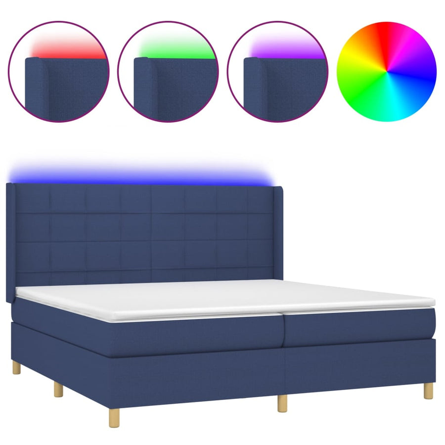 Boxspring Met Matras En Led Stof Blauw 200 x 200 cm Blok met vierkanten