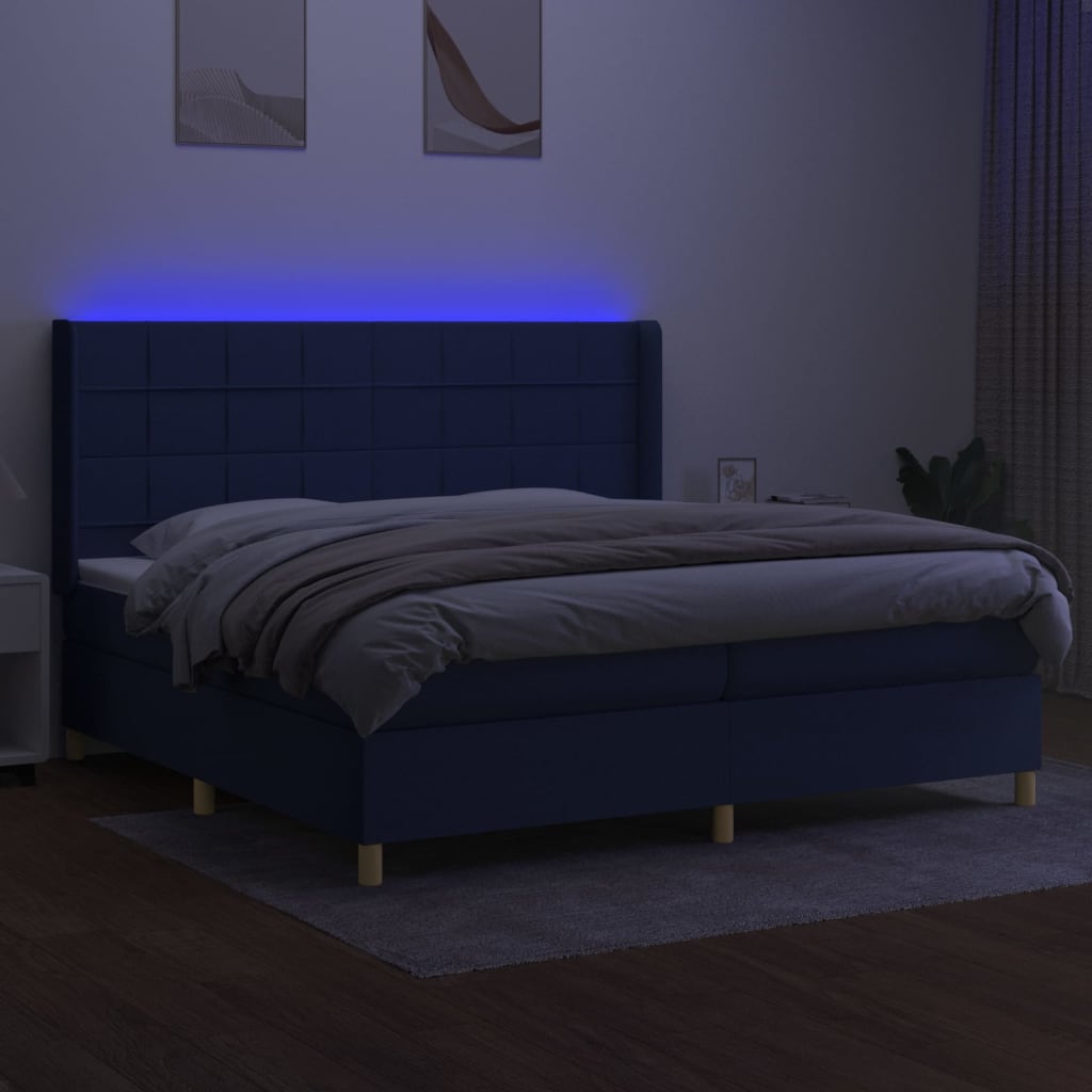 Boxspring Met Matras En Led Stof Blauw 200 x 200 cm Blok met vierkanten