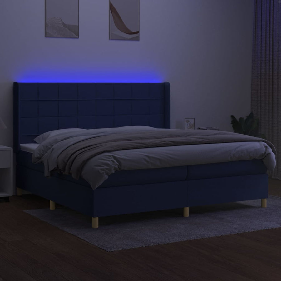 Boxspring Met Matras En Led Stof Blauw 200 x 200 cm Blok met vierkanten
