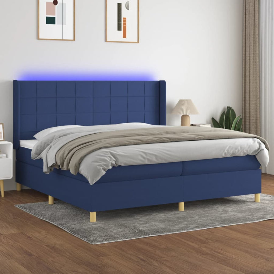 Boxspring Met Matras En Led Stof Blauw 200 x 200 cm Blok met vierkanten