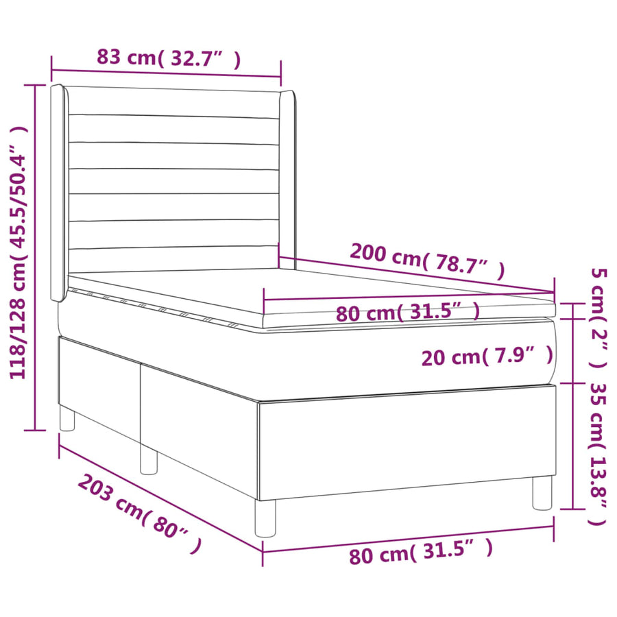 Boxspring Met Matras En Led Stof Donkergrijs 80 x 200 cm Horizontale strepen